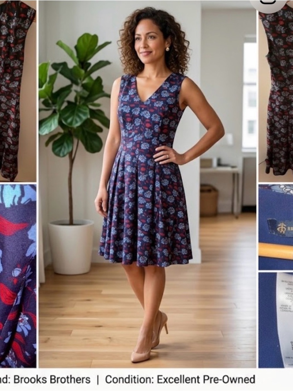 Brooks Brothers Navy and Red Floral V‑Neck Fit & Flare Dress